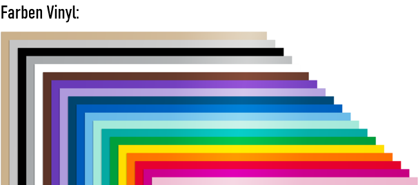 Übersicht verschiedener einfarbiger Vinylfolien in vielen Farben, von neutralen Tönen wie Weiß, Schwarz und Grau bis hin zu kräftigen Farben wie Blau, Grün, Gelb, Rot und Pink, fächerförmig angeordnet
Herzberg Crafts