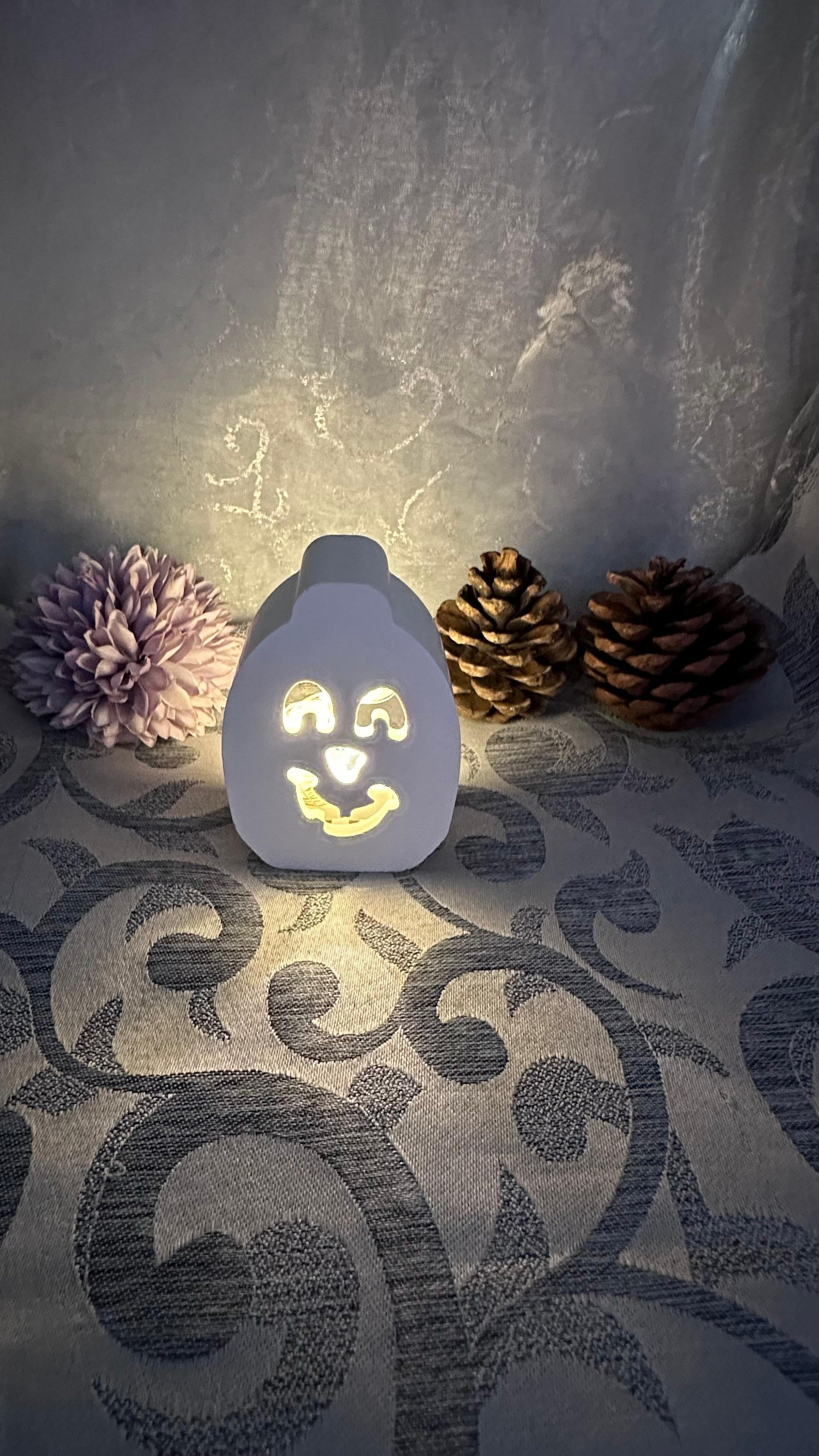 Weißer Keracraft-Lichtkürbis mit Hufeisenaugen beleuchtet.
Herzberg Crafts