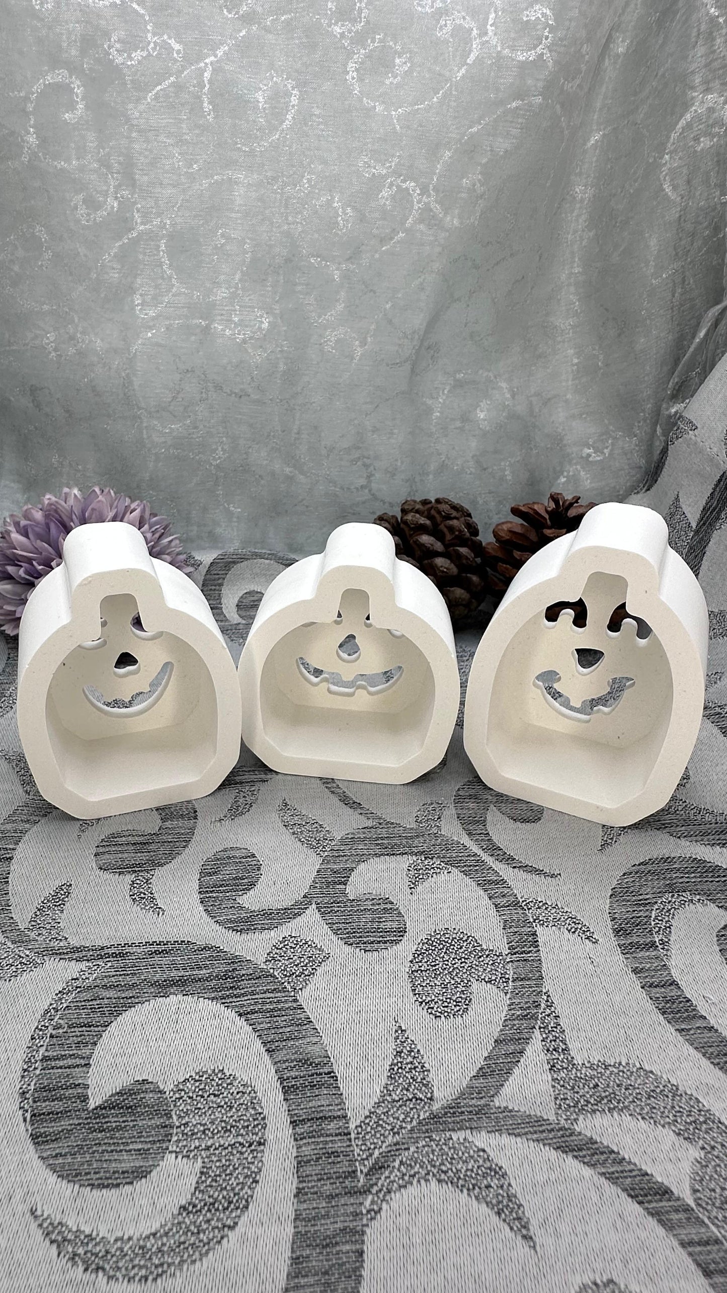 Drei weiße Keracraft-Lichtkürbisse mit verschiedenen Gesichtsausschnitten.
Herzberg Crafts