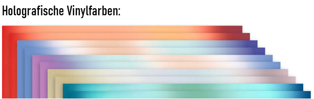 Auswahl holografischer Vinylfolien mit schimmernden Farbverläufen in Pastell- und Regenbogentönen, fächerförmig gestapelt und je nach Lichteinfall unterschiedlich reflektierend.
Herzberg Crafts